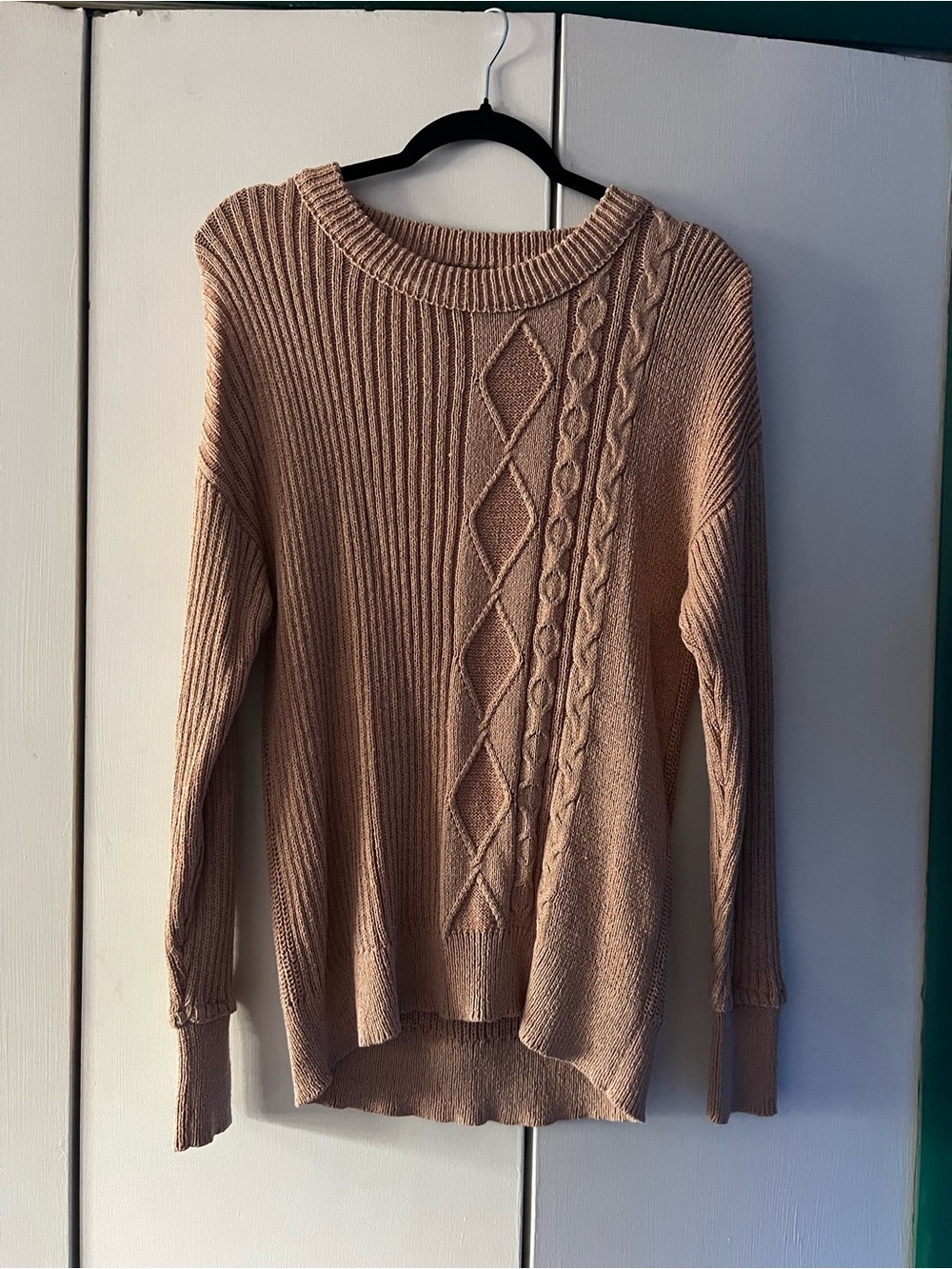 SHEIN Dusty Pink Ribbed Cable Crewneck Sweater